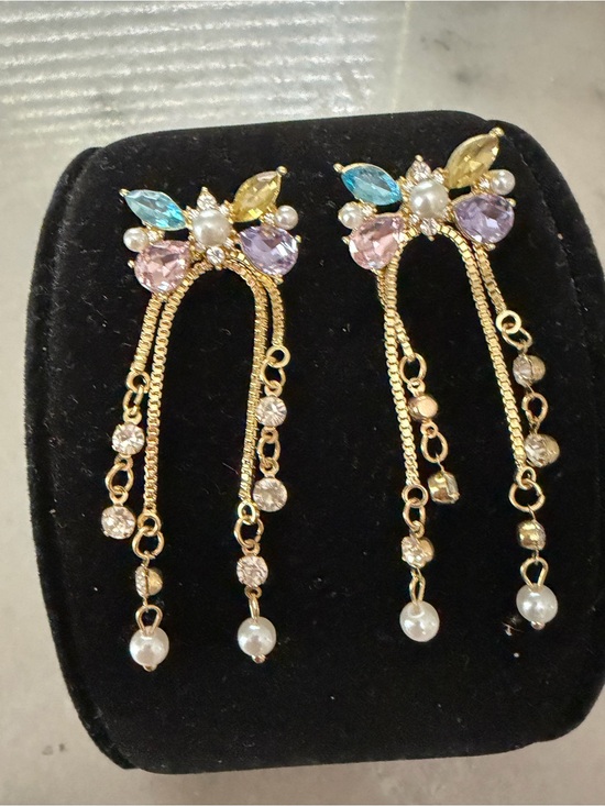 Jewelry - Gold Multicolor Cz Drop Earrings with Pearls